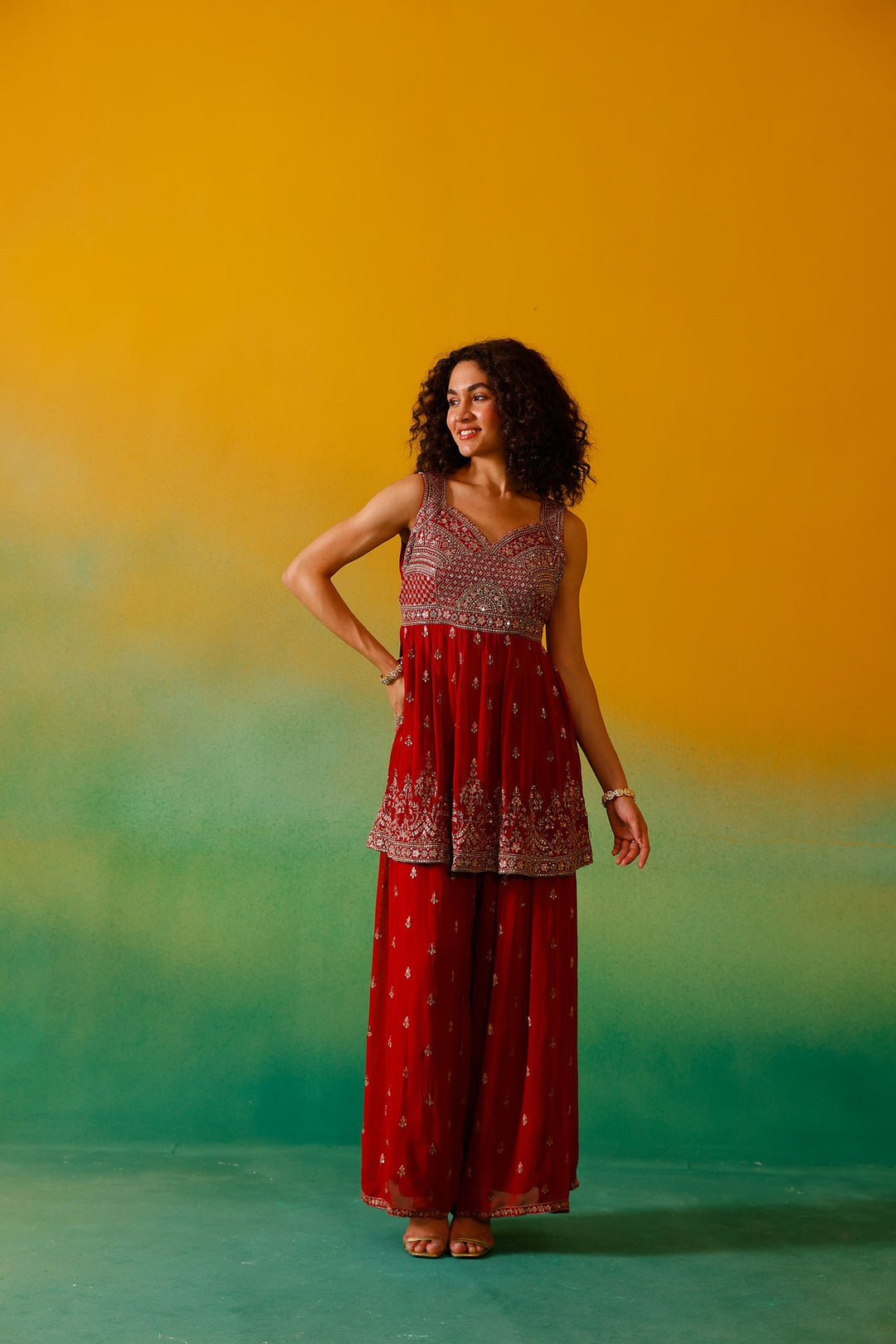 Neerus Red Georgette Embroidered Suit Set - detail view 12