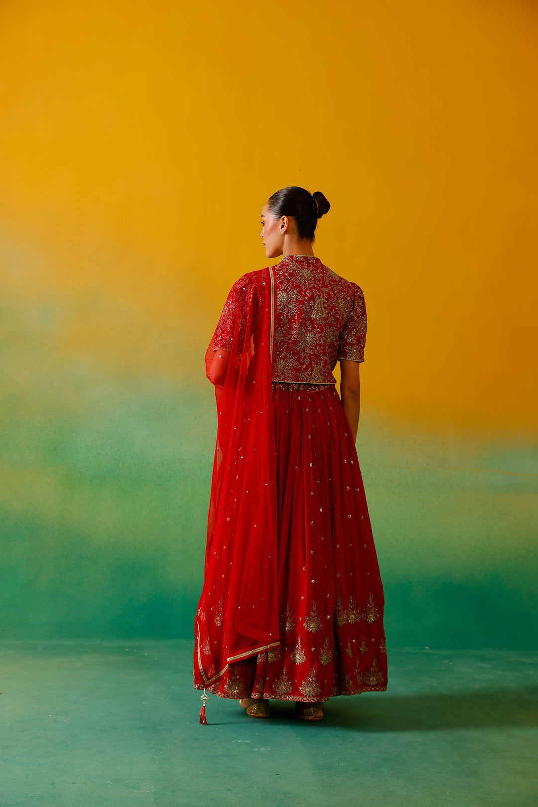 Neerus Red Chinon Embroidered Lehenga Set - side view