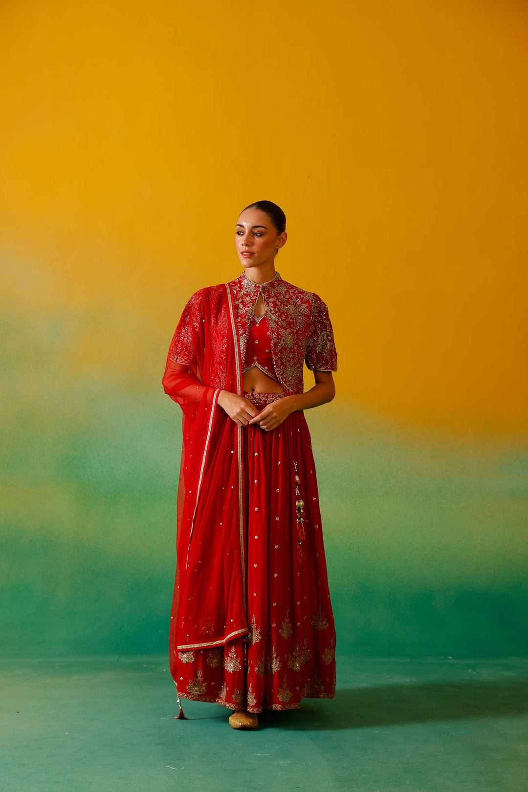 Neerus Red Chinon Embroidered Lehenga Set - back view