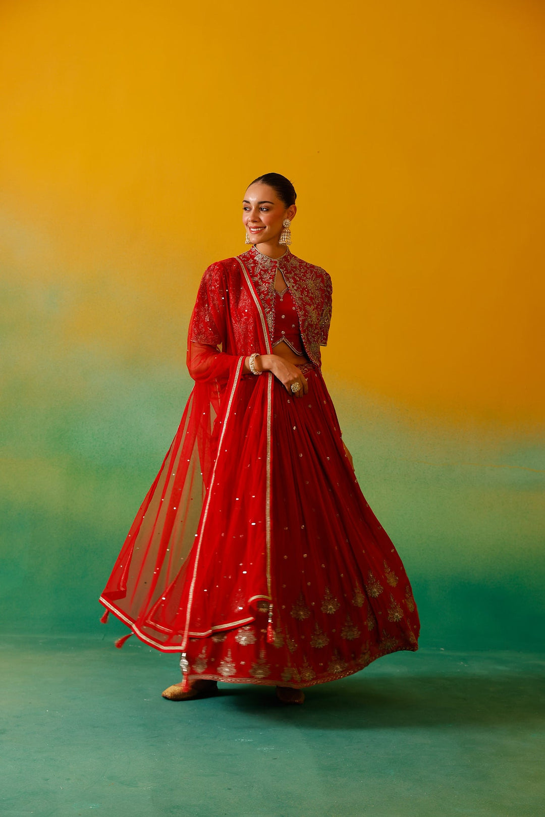Neerus Red Chinon Embroidered Lehenga Set - detail view 2