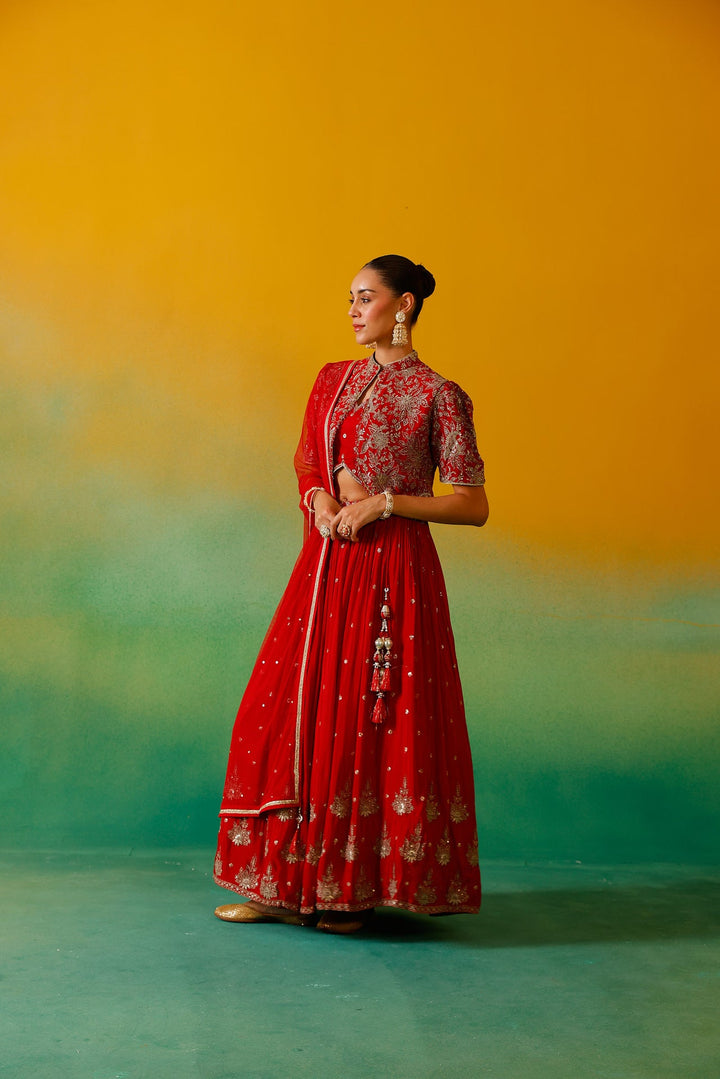 Neerus Red Chinon Embroidered Lehenga Set - detail view 3