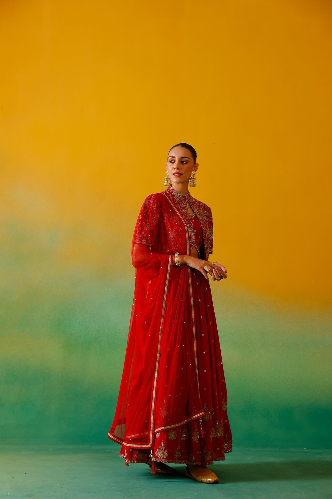 Neerus Red Chinon Embroidered Lehenga Set - detail view 4