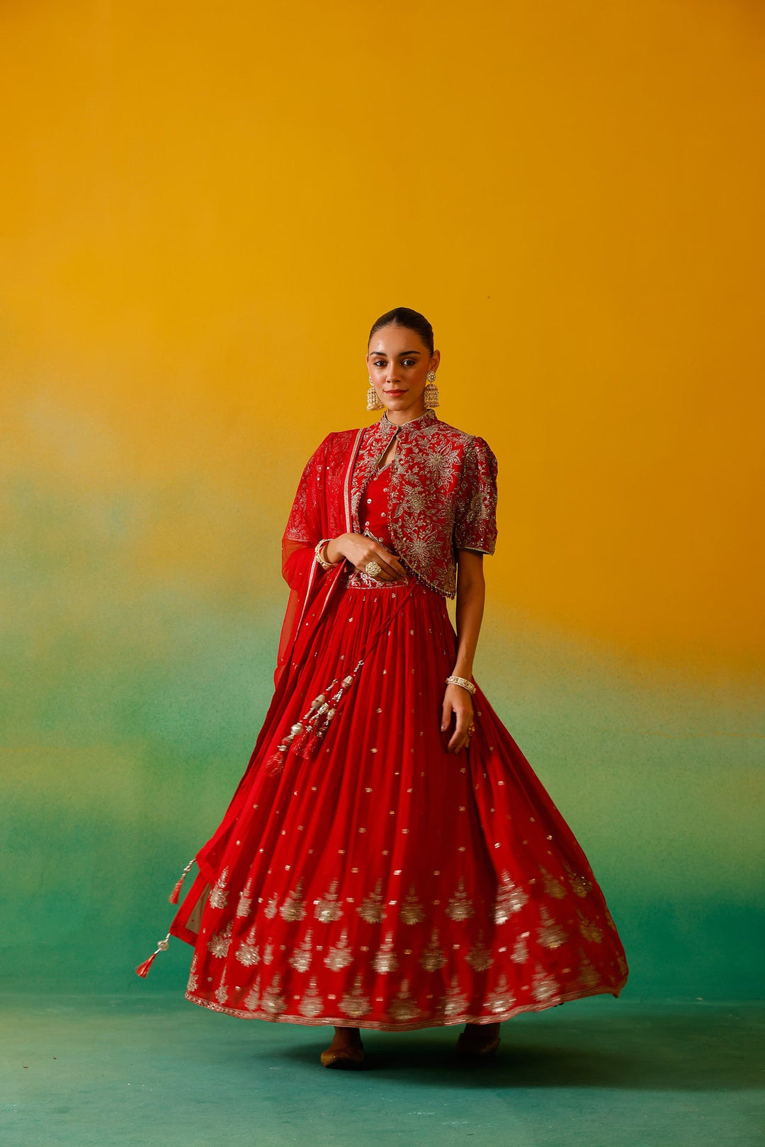 Neerus Red Chinon Embroidered Lehenga Set - detail view 5