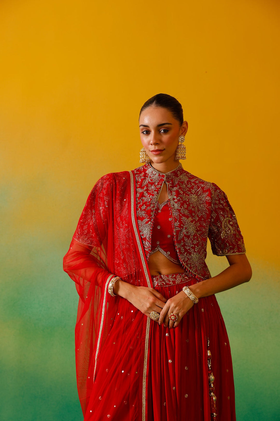 Neerus Red Chinon Embroidered Lehenga Set - detail view 6