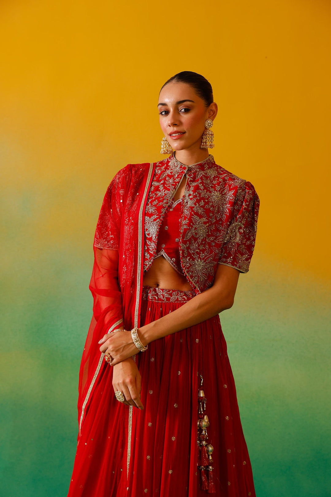 Neerus Red Chinon Embroidered Lehenga Set - detail view 7