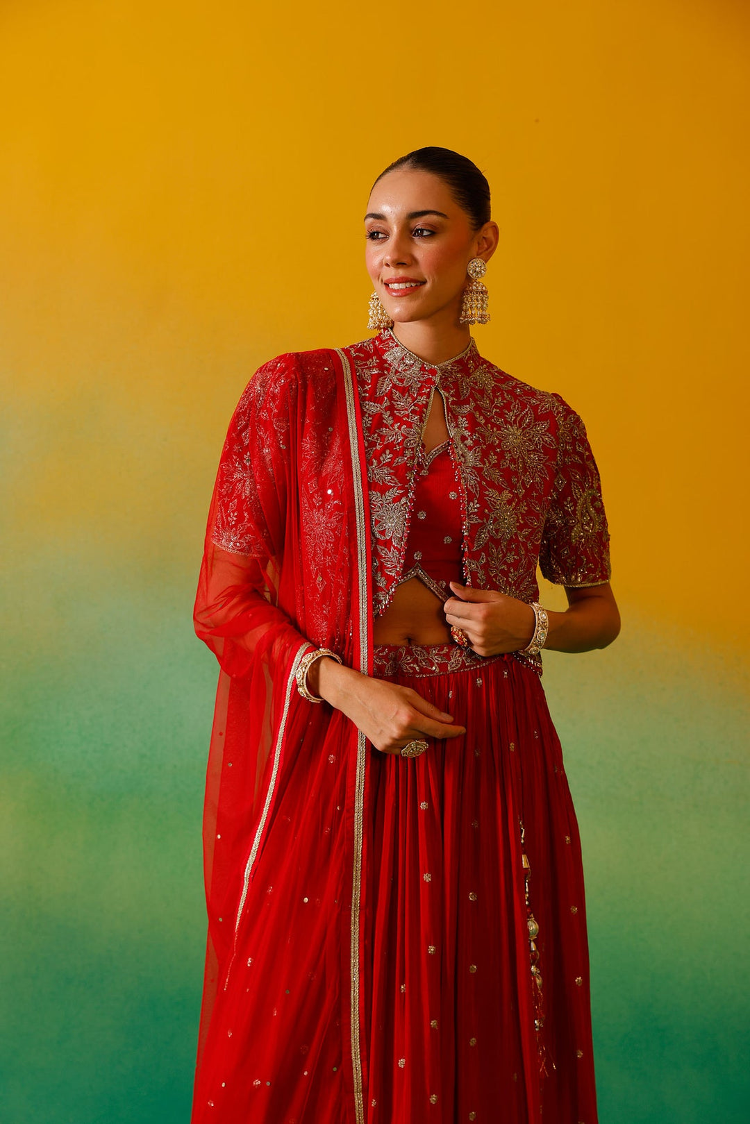 Neerus Red Chinon Embroidered Lehenga Set - detail view 8