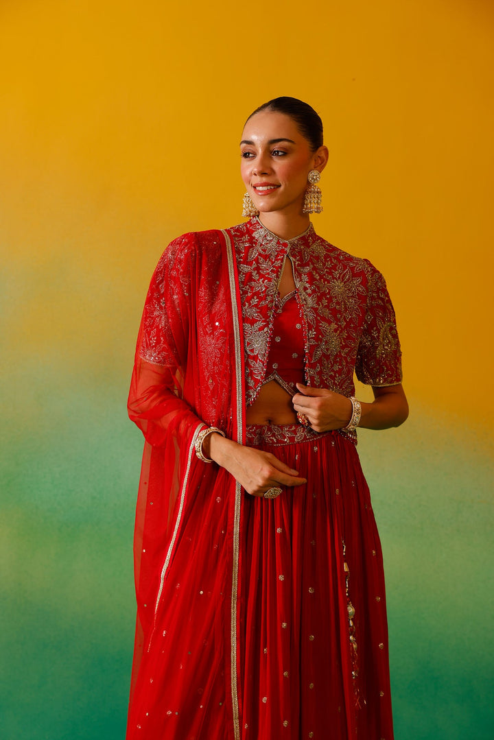 Neerus Red Chinon Embroidered Lehenga Set - detail view 8