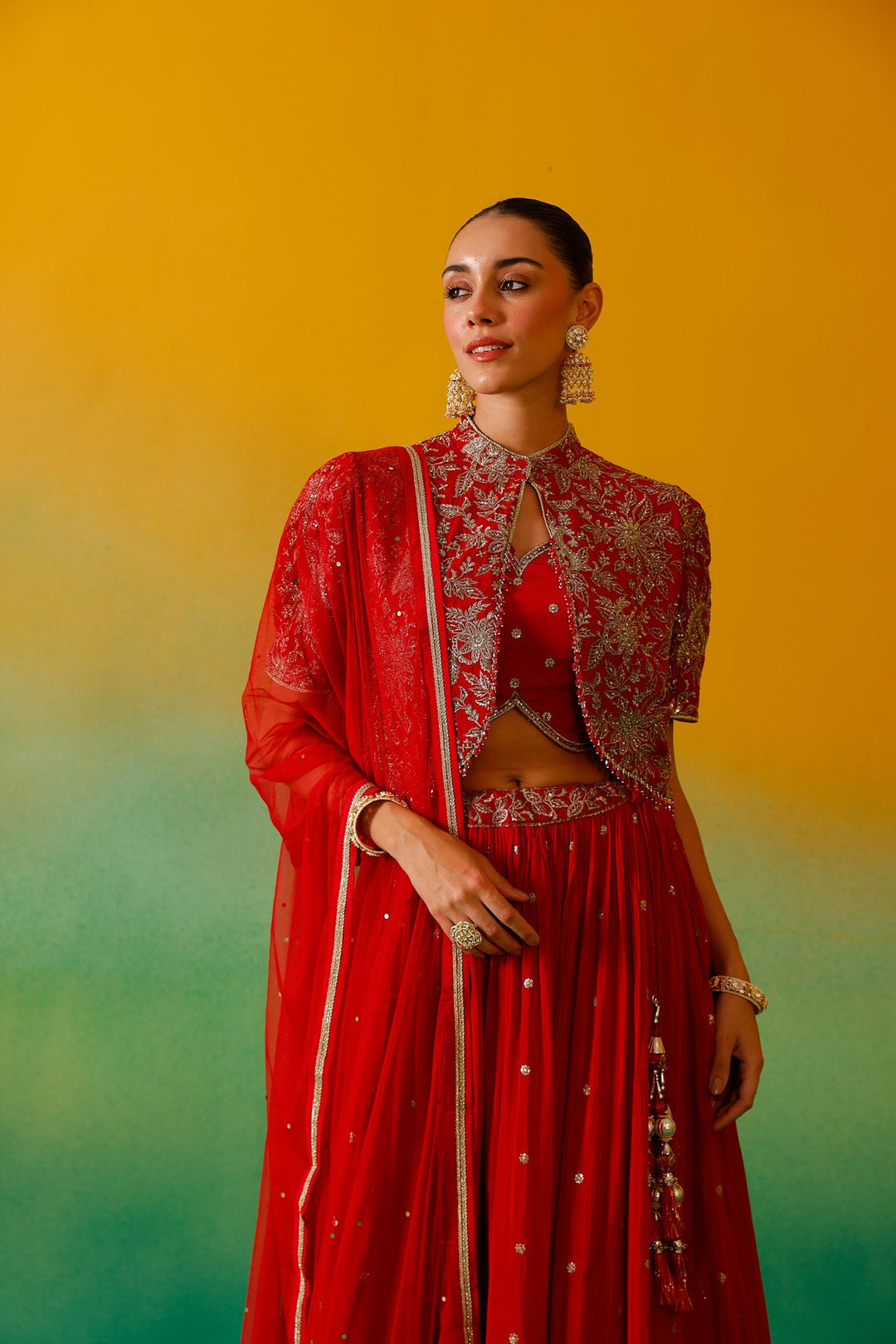 Neerus Red Chinon Embroidered Lehenga Set - detail view 9