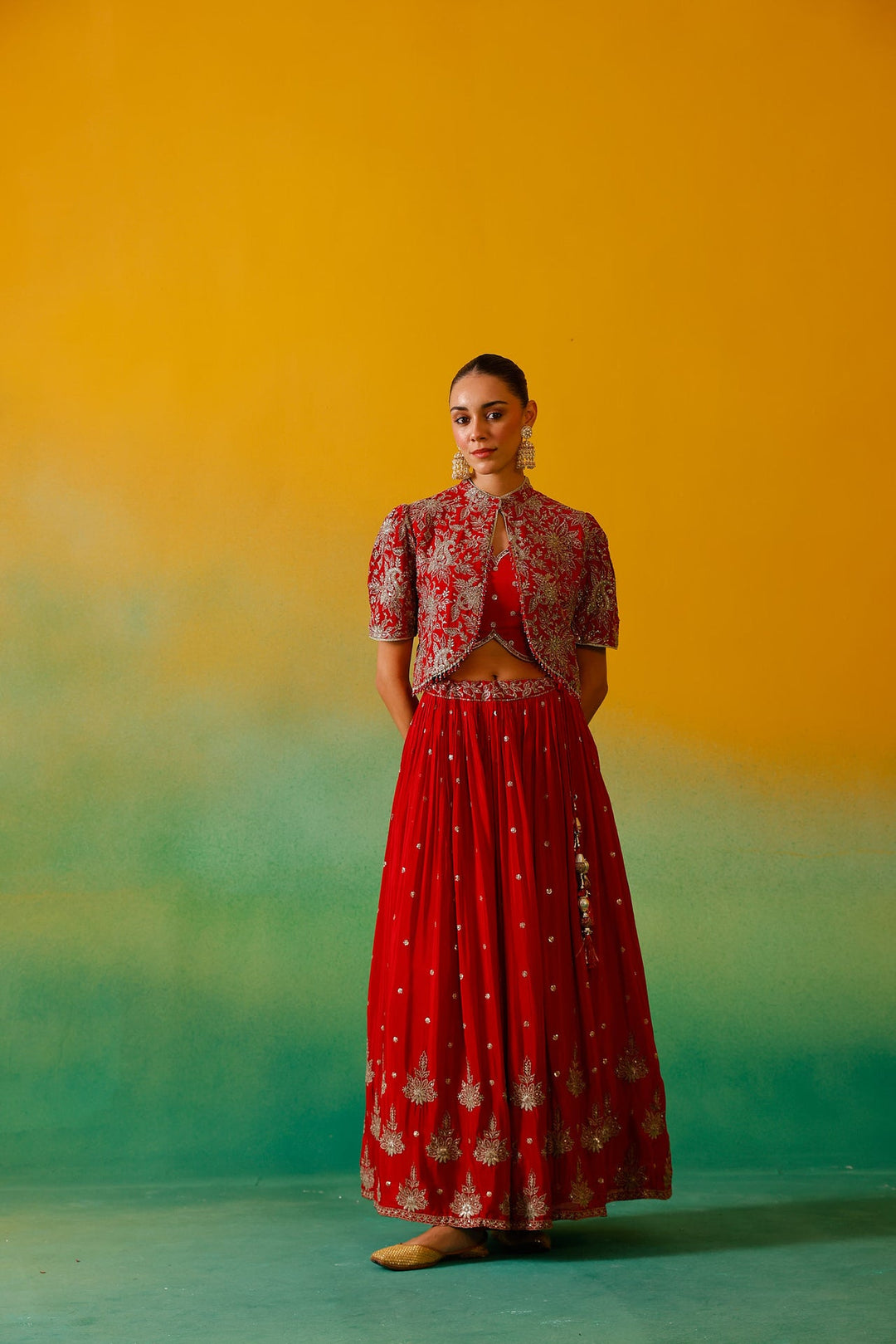 Neerus Red Chinon Embroidered Lehenga Set - detail view 10