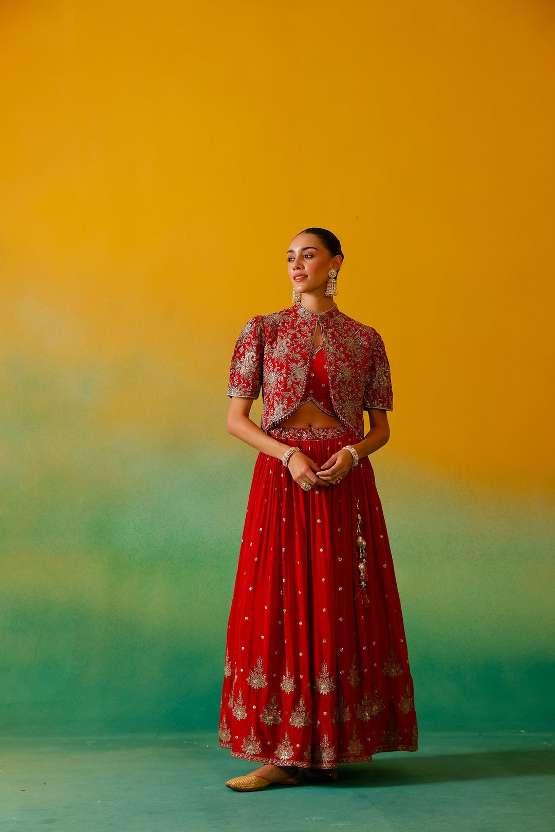 Neerus Red Chinon Embroidered Lehenga Set - detail view 11