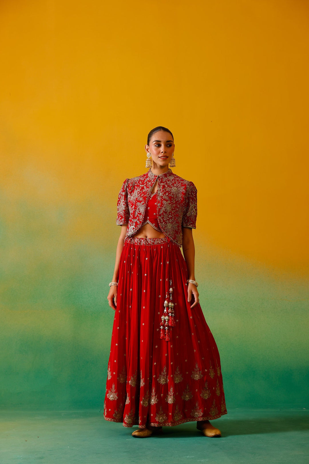 Neerus Red Chinon Embroidered Lehenga Set - detail view 12