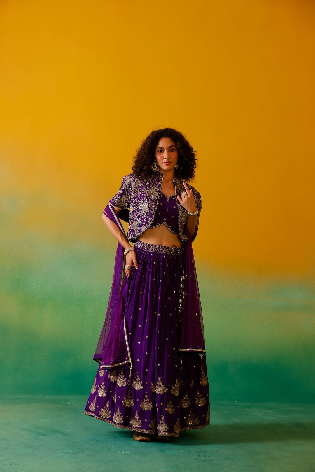 Neerus Purple Chinon embroidered lehenga set - back view