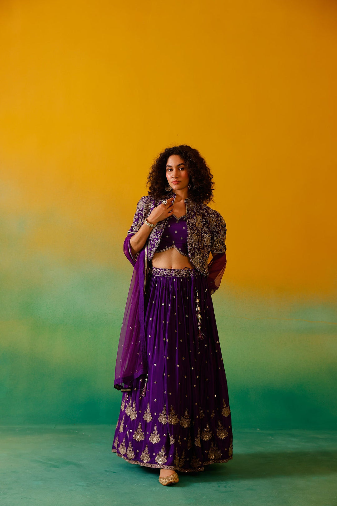 Neerus Purple Chinon embroidered lehenga set - detail view 1