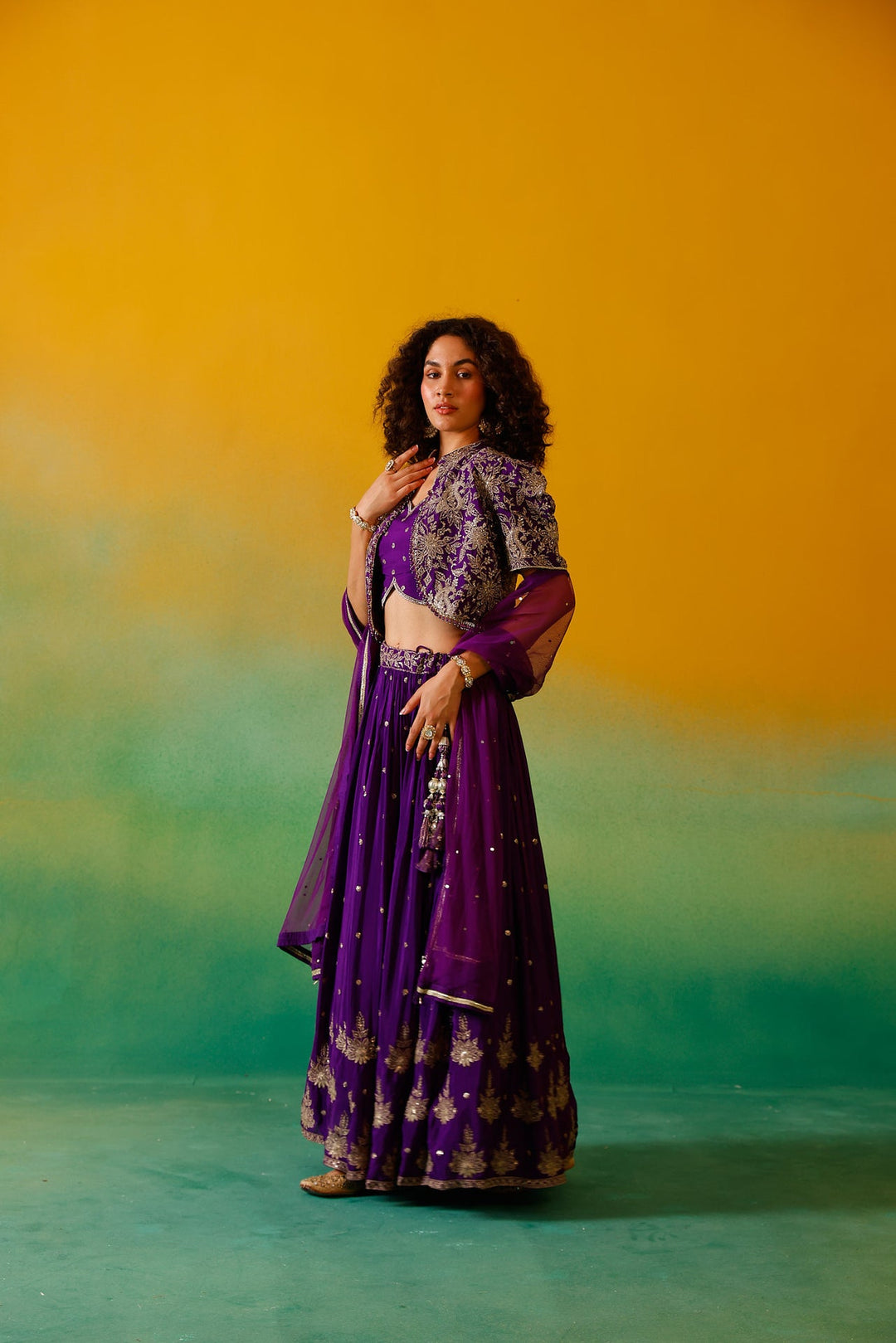 Neerus Purple Chinon embroidered lehenga set - detail view 2