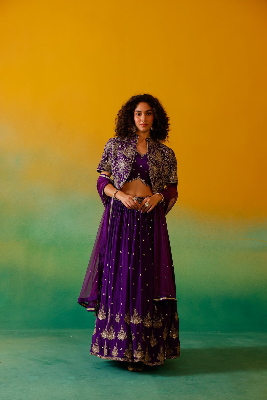 Neerus Purple Chinon embroidered lehenga set - detail view 4