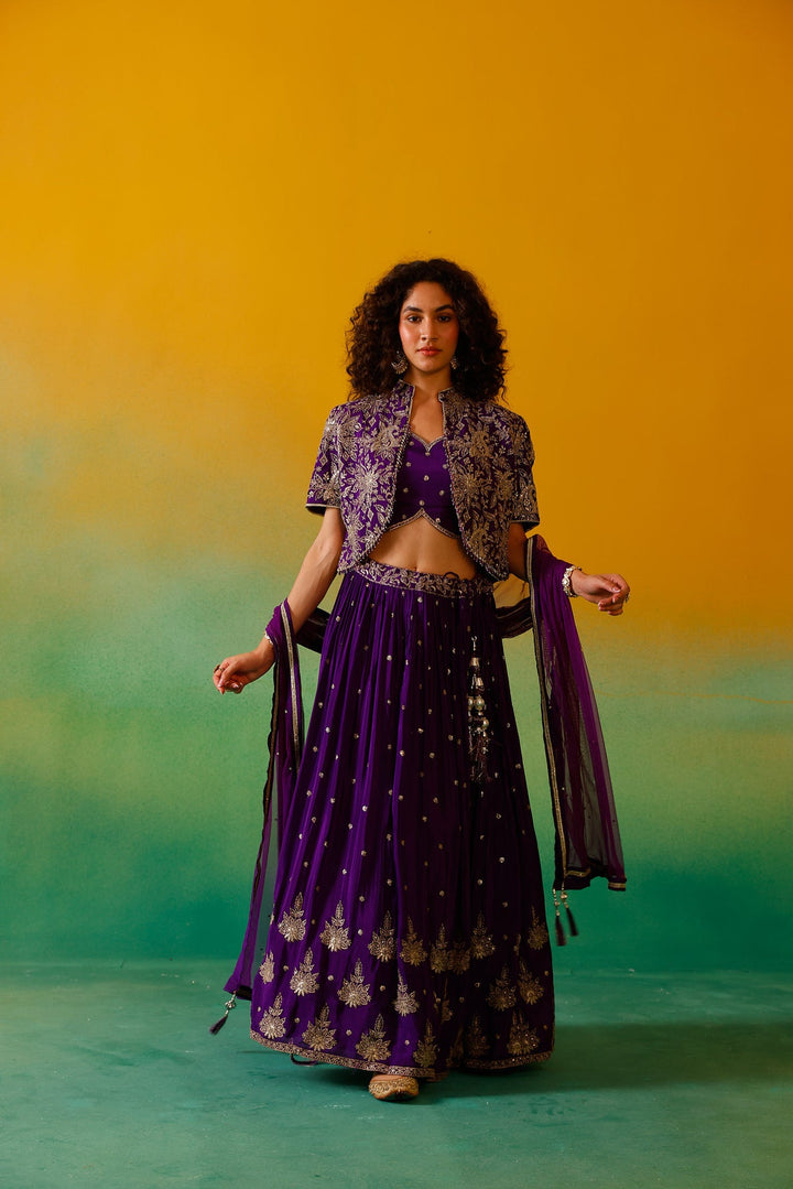 Neerus Purple Chinon embroidered lehenga set - detail view 5