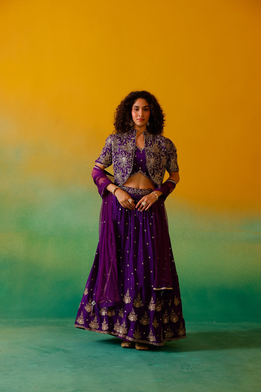 Neerus Purple Chinon embroidered lehenga set - detail view 6