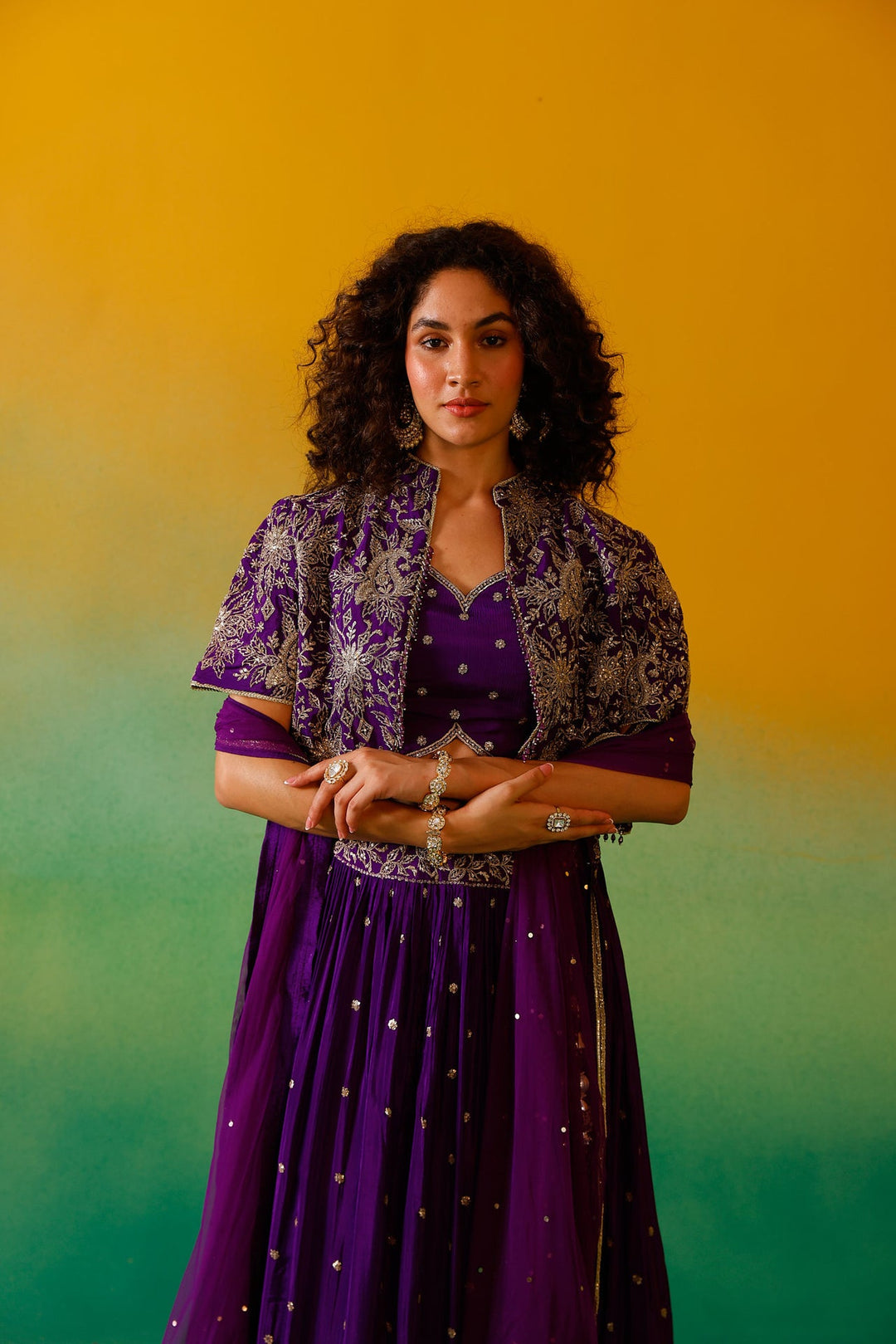 Neerus Purple Chinon embroidered lehenga set - detail view 7