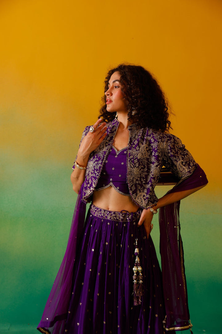 Neerus Purple Chinon embroidered lehenga set - detail view 9