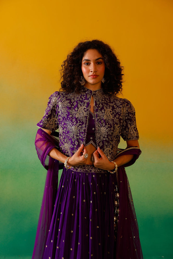 Neerus Purple Chinon embroidered lehenga set - detail view 10
