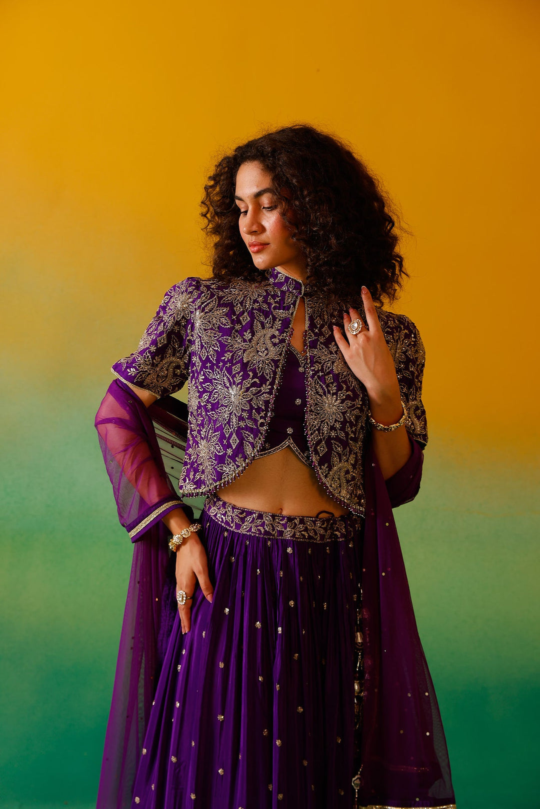 Neerus Purple Chinon embroidered lehenga set - detail view 11