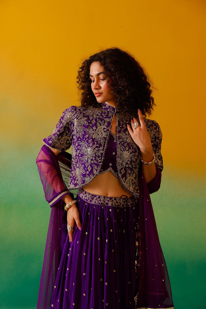 Neerus Purple Chinon embroidered lehenga set - detail view 11