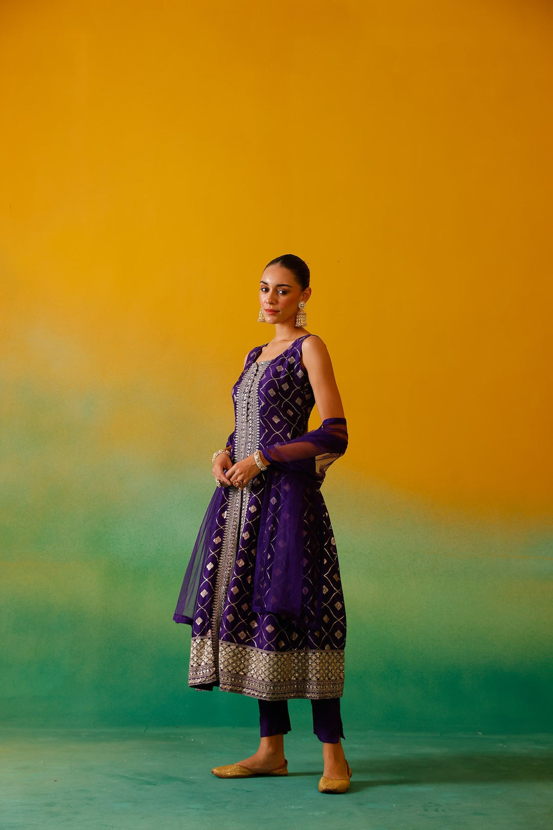 Neerus Purple Banarasi embroidered suit set - back view
