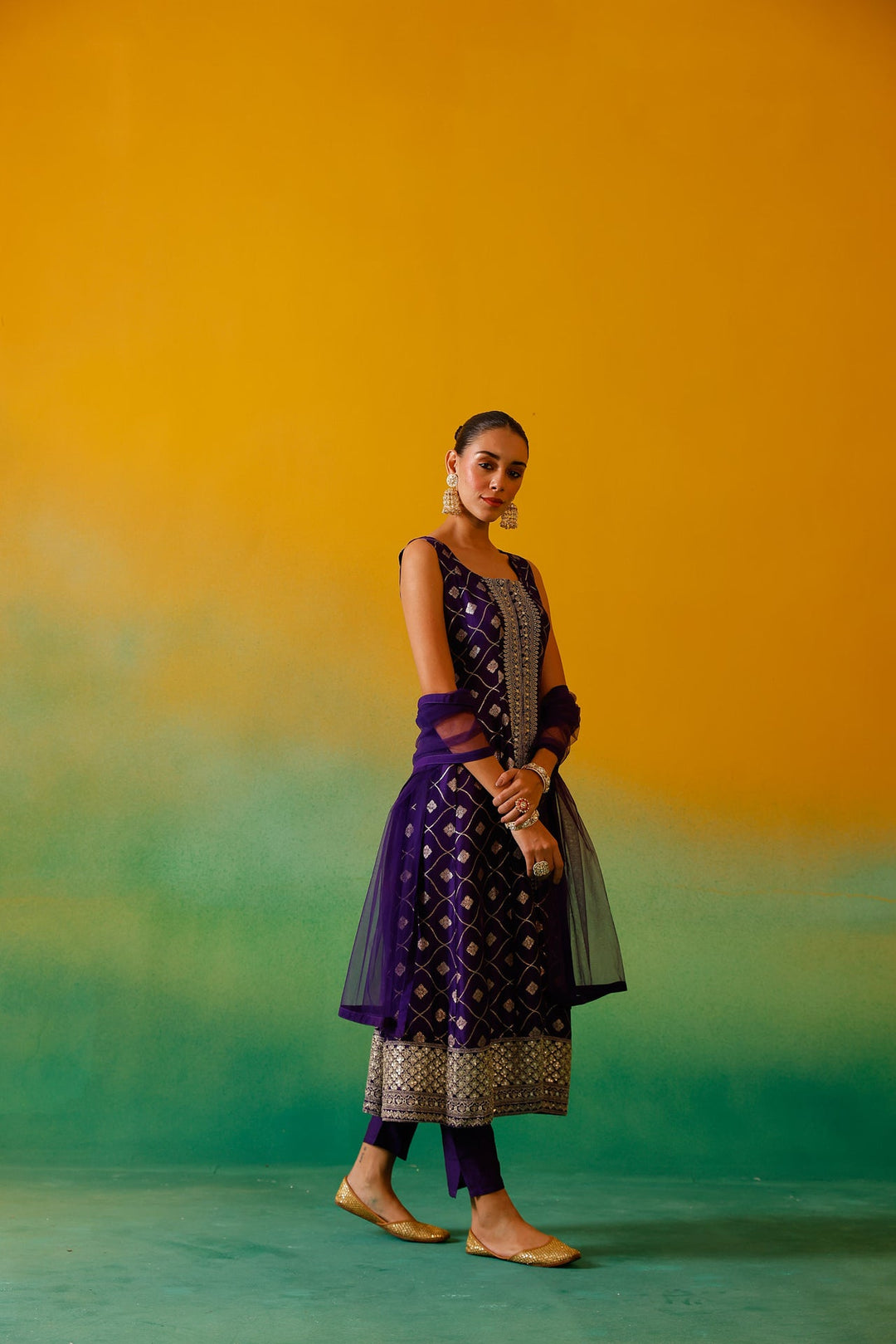 Neerus Purple Banarasi embroidered suit set - side view