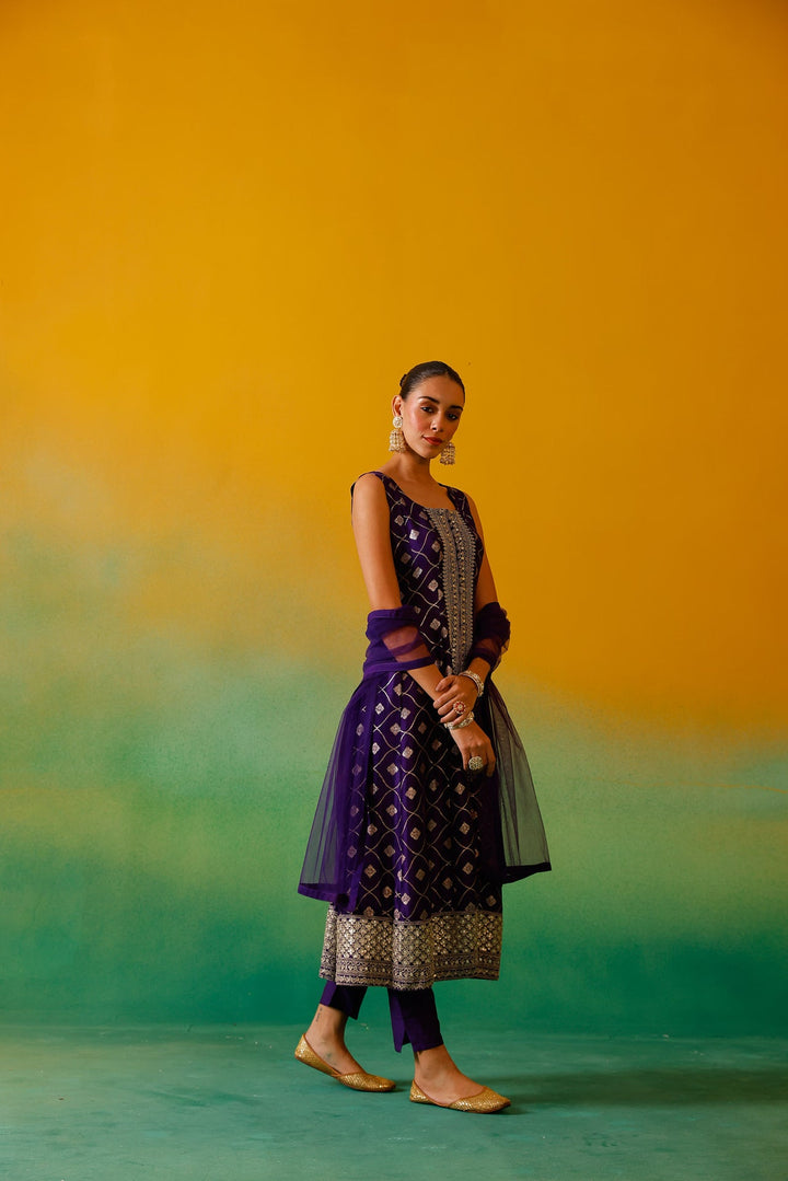 Neerus Purple Banarasi embroidered suit set - side view