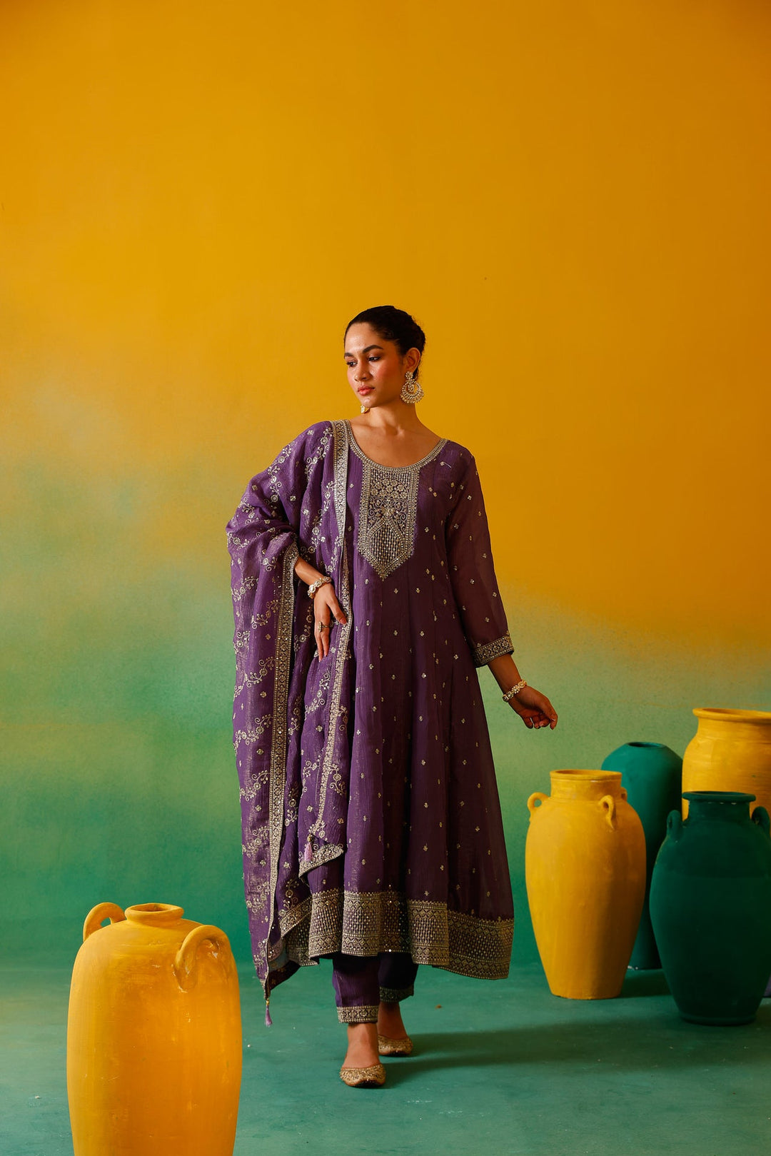 Neerus Purple silk embroidered Anarkali suit set - back view