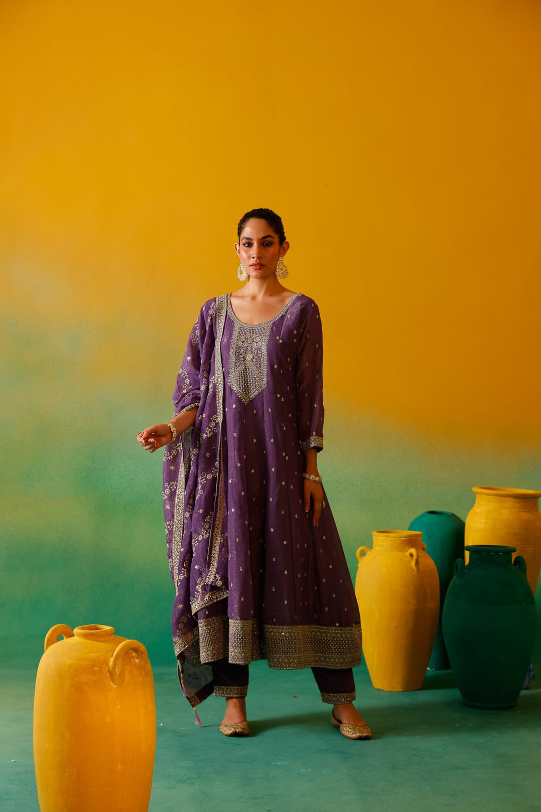 Neerus Purple silk embroidered Anarkali suit set - side view