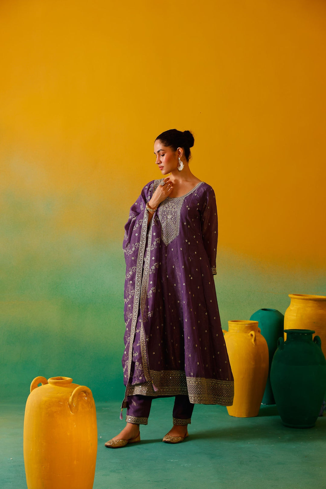 Neerus Purple silk embroidered Anarkali suit set - detail view 1