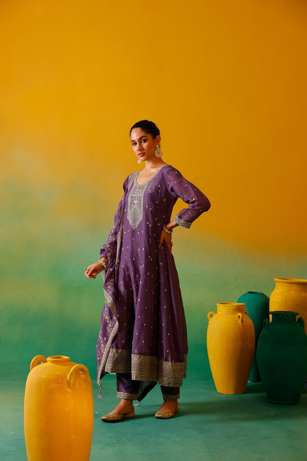 Neerus Purple silk embroidered Anarkali suit set - detail view 2