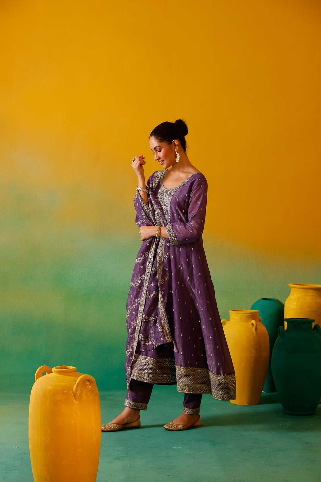 Neerus Purple silk embroidered Anarkali suit set - detail view 3
