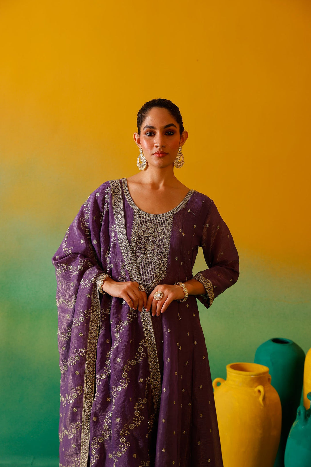 Neerus Purple silk embroidered Anarkali suit set - detail view 4