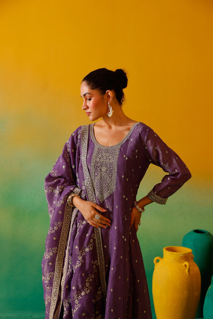 Neerus Purple silk embroidered Anarkali suit set - detail view 5