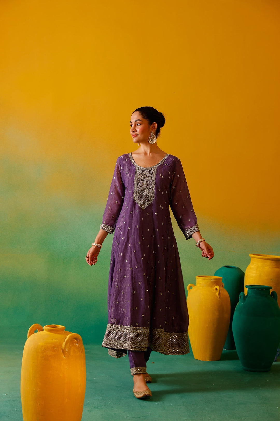 Neerus Purple silk embroidered Anarkali suit set - detail view 6