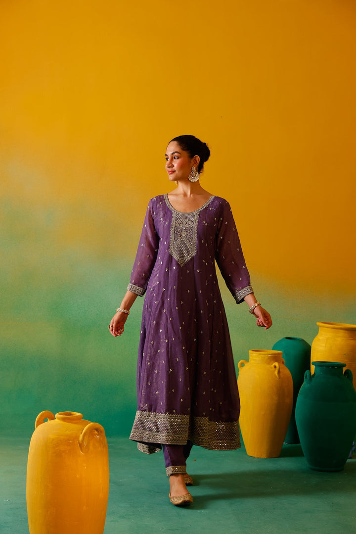 Neerus Purple silk embroidered Anarkali suit set - detail view 6