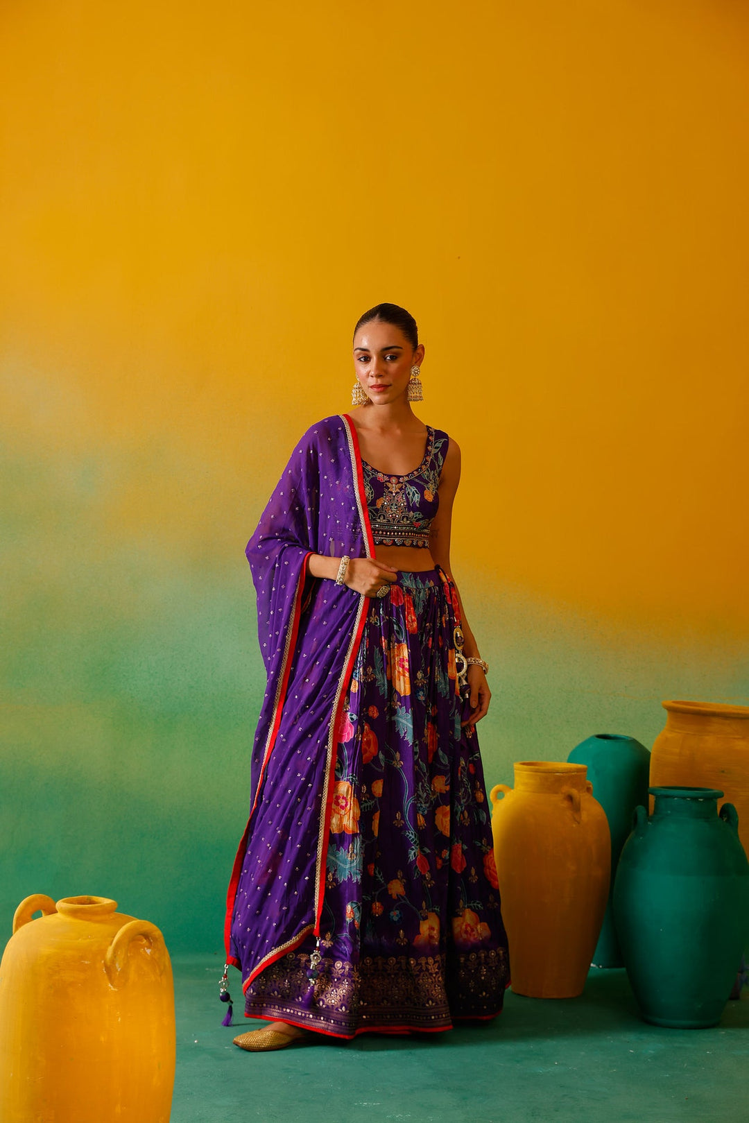 Neerus Purple silk embroidered lehenga set - detail view 4