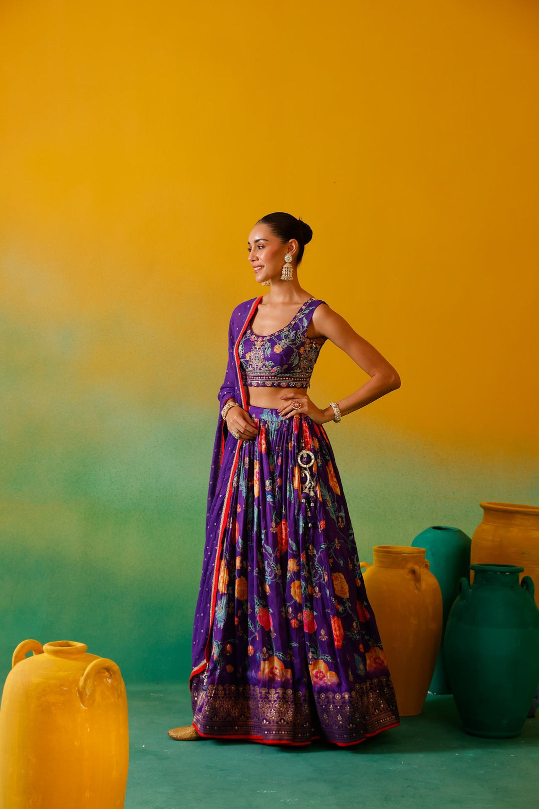 Neerus Purple silk embroidered lehenga set - detail view 1