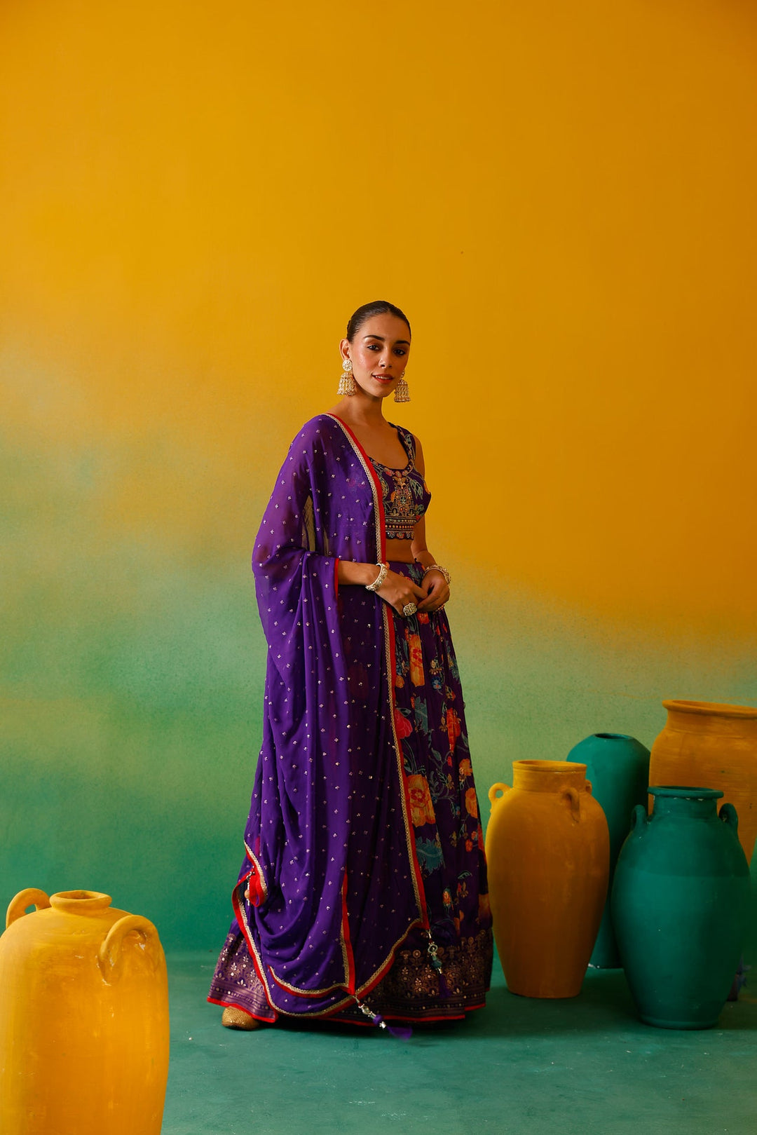 Neerus Purple silk embroidered lehenga set - side view