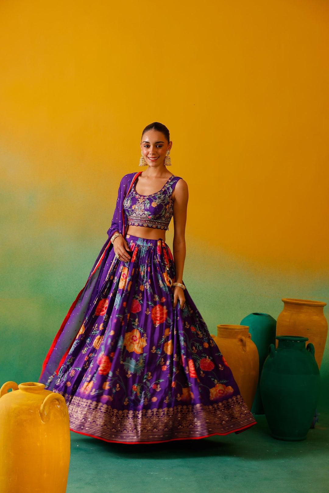 Neerus Purple silk embroidered lehenga set - back view