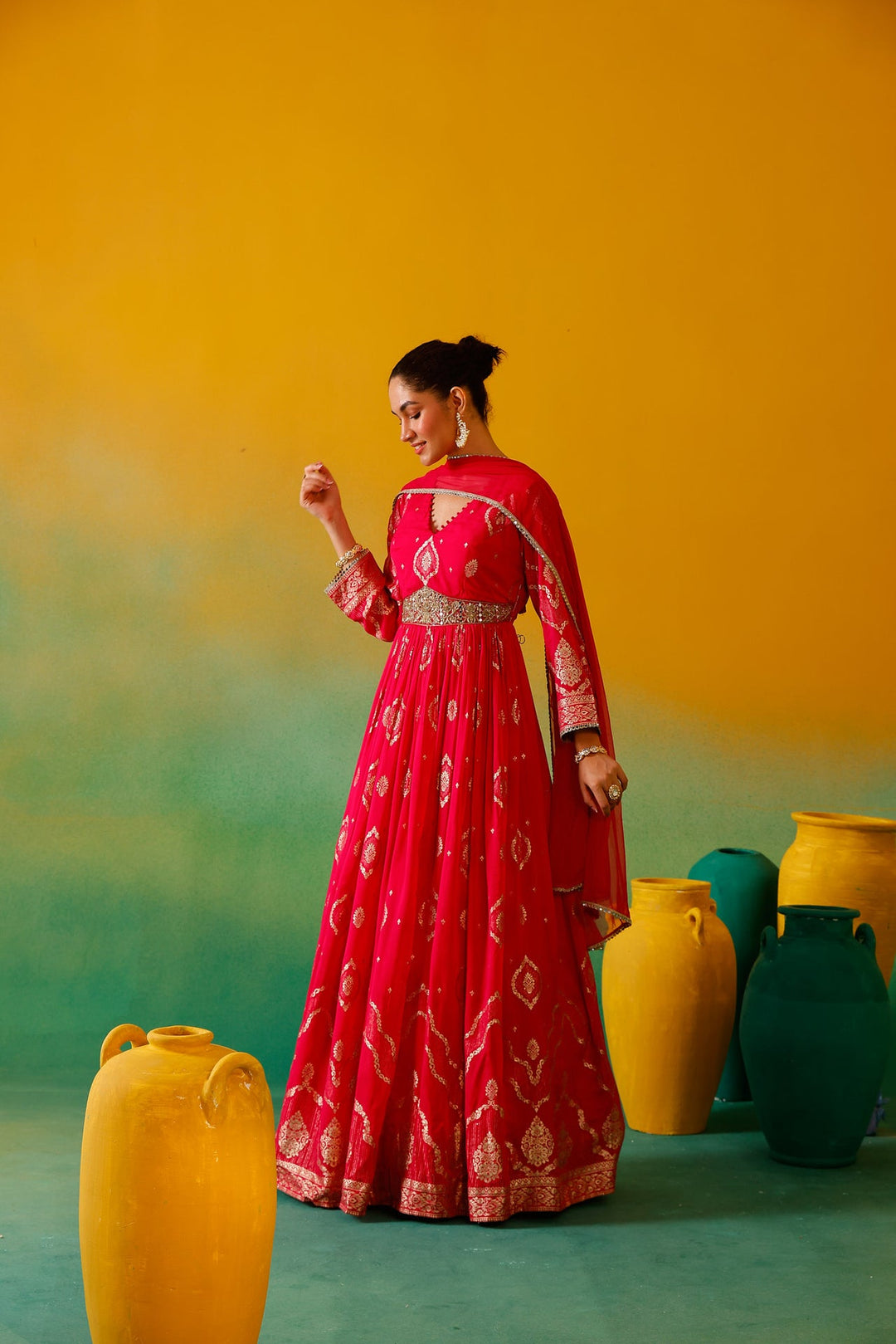 Neerus Pink georgette embroidered anarkali suit set - side view