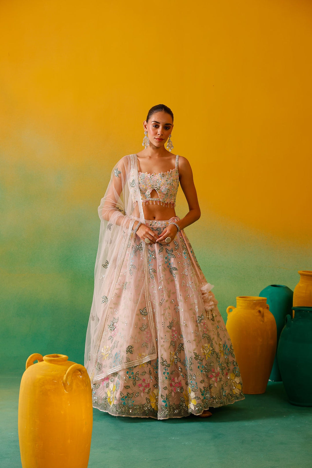 Neerus Pink net embroidered lehenga set - detail view 1