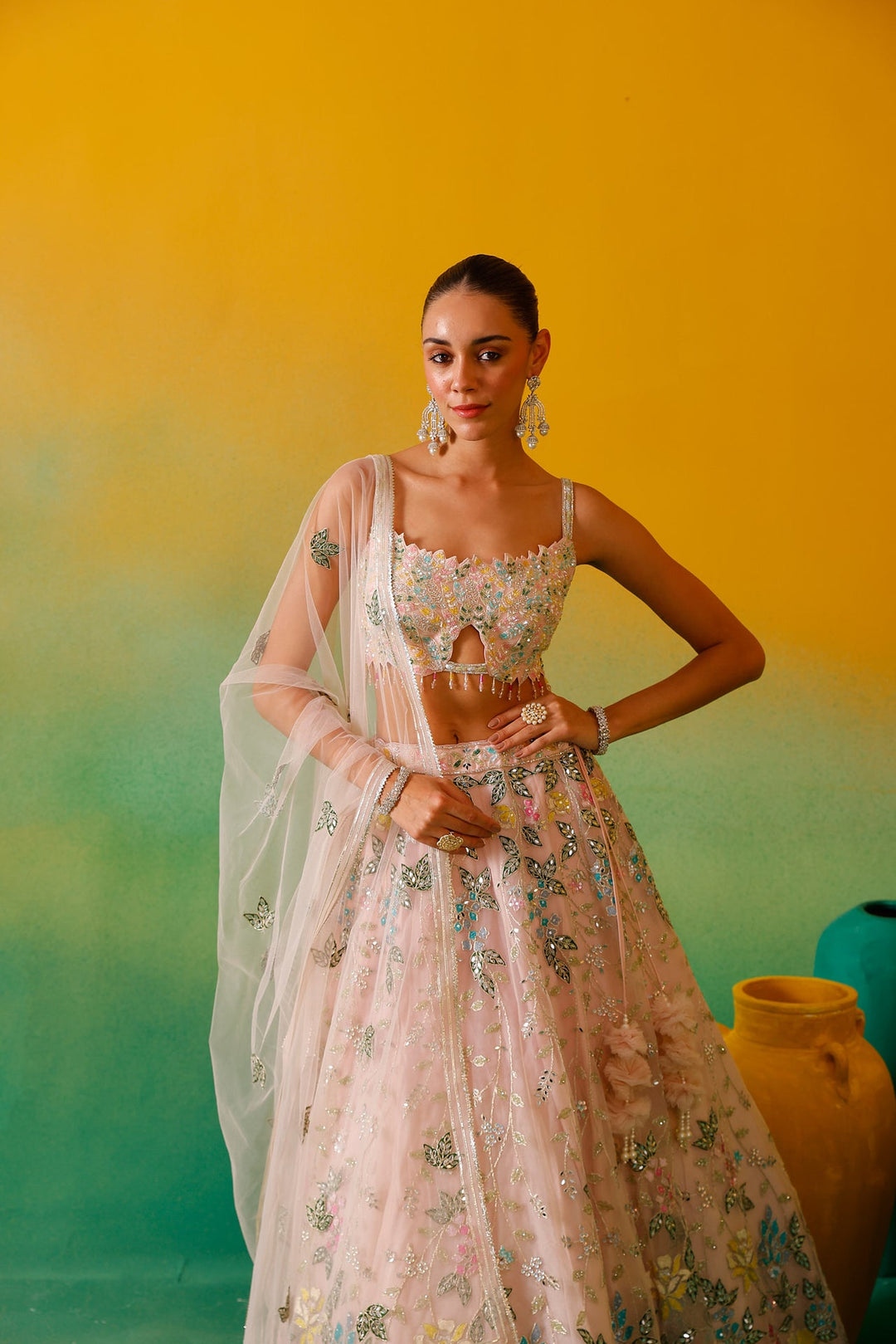 Neerus Pink net embroidered lehenga set - detail view 6