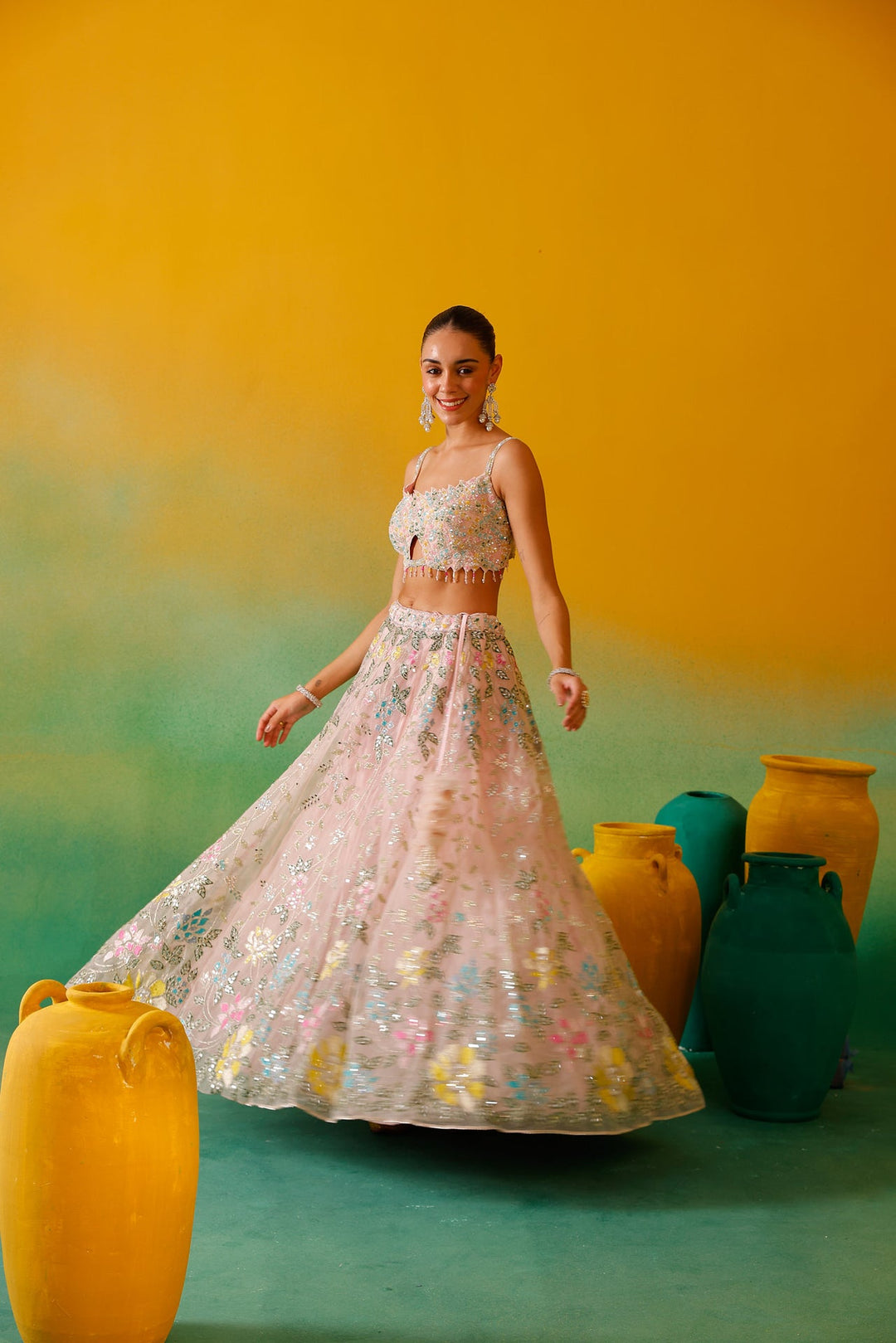 Neerus Pink net embroidered lehenga set - detail view 10