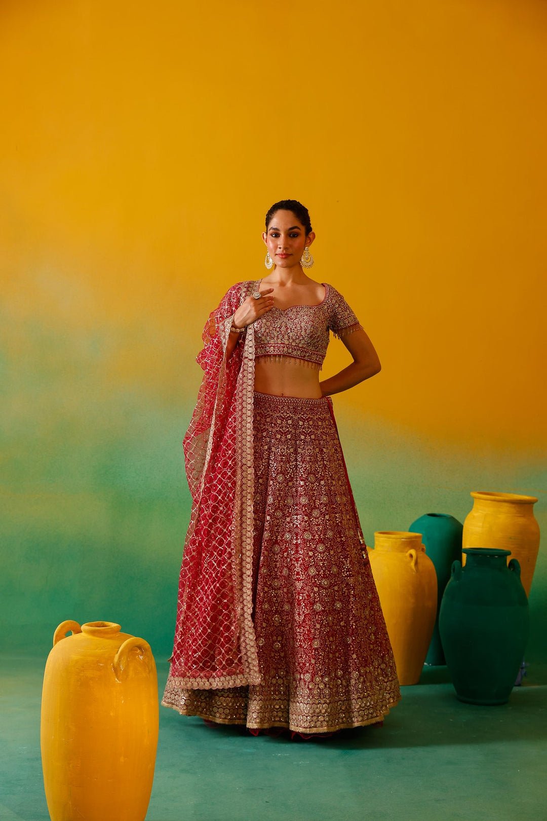 Neerus Pink net embroidered lehenga set - detail view 1