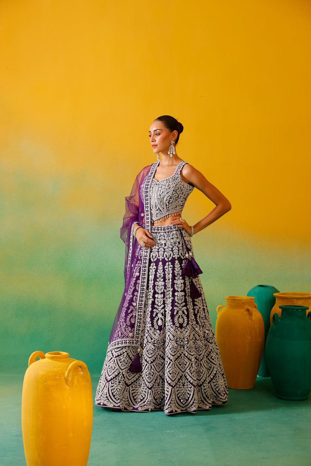 Neerus Purple net embroidered lehenga set - detail view 1
