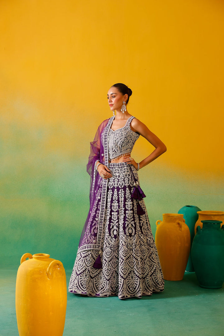 Neerus Purple net embroidered lehenga set - detail view 1