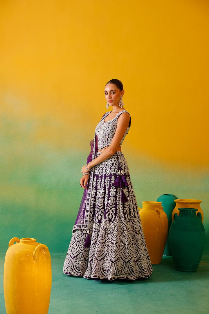 Neerus Purple net embroidered lehenga set - detail view 4